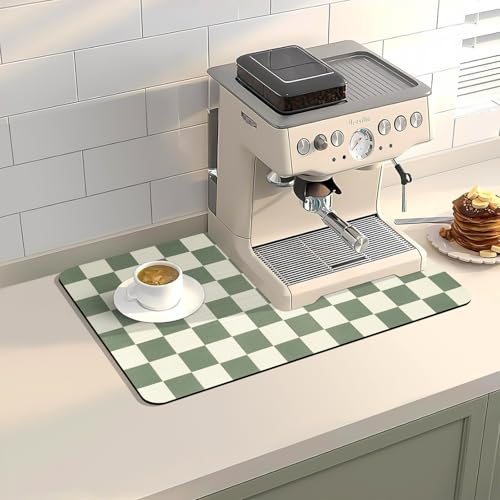 Meetcolor Kaffee-Bar-Matte für Arbeitsplatte, 30,5 x 50,8 cm, super saugfähige Abtropfmatte, Küchenthekenmatte passt unter Kaffeemaschine, grün karierte Küchendekoration und Zubehör für von Meetcolor