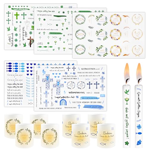 Meetory 5 Stück Kommunion Kerzen Tattoo, 8 Stück Windlicht Tischdeko mit Kerzentattoos Kommunion, Wasserschiebefolie Kerzen Kommunion Deko für DIY Geschenk Taufe Konfirmation Deko von Meetory
