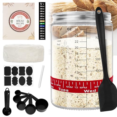 Meetory Sauerteig Starter Set, 770ml Sauerteig Glas, Sourdough Starter Kit mit Rezepten, Thermometer, Fütterungsdatum-Band, Silikon-Spachtel, Stoffabdeckung, Metalldeckel, Messlöffel, Etiketten Stift von Meetory
