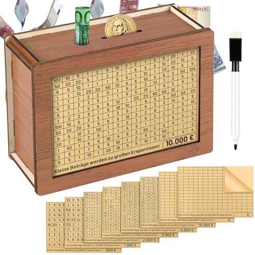 Meetory Spardose Holz, Wiederverwendbare Spardose Mit Sparziel, Spardose mit Ziel, Sparbox mit Zahlen Ankreuzen für Hilft Erwachsene und Kindern Die Gewohnheit Zum Sparen Zu (500€-10000€) von Meetory