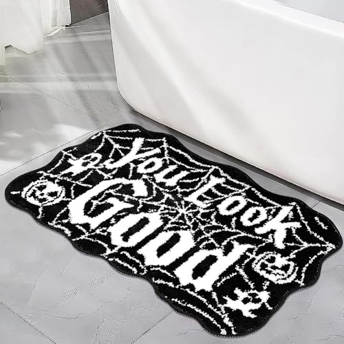 Meetory You Look Good Spinnennetz-Badematte, Halloween, maschinenwaschbar, Gothic-Badematte, rutschfeste Teppiche, Spinnennetz-Teppich, Gothic-Teppich, für Haustür, Schlafzimmer, Wohnheim (Schwarz) von Meetory