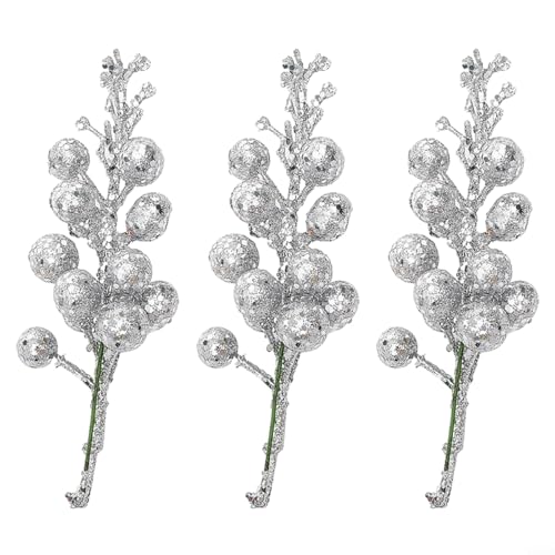 3 Stück künstliche Glitzer-Beerenstiele mit flexiblem Eisendraht zum Formen von Weihnachtsbaum, Kranz und Girlande, Dekorationen für Urlaub und Party (Silber) von MeevrgR