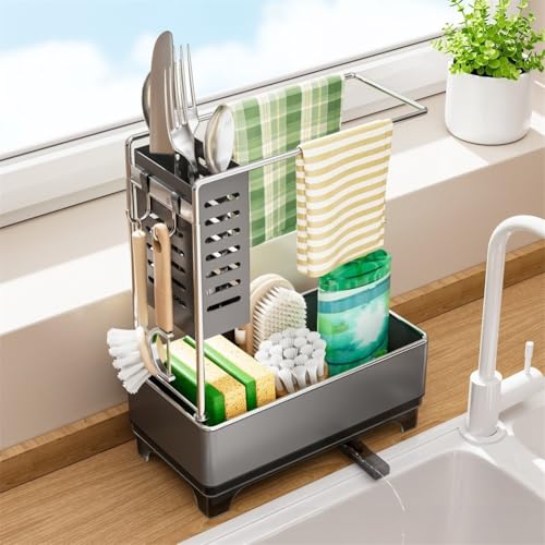 Küchenspüle Ablaufregal Caddy mit Seifenspender, Schwammhalter und Handtuchstange für saubere und trockene Küche Organisation (weiß) von MeevrgR