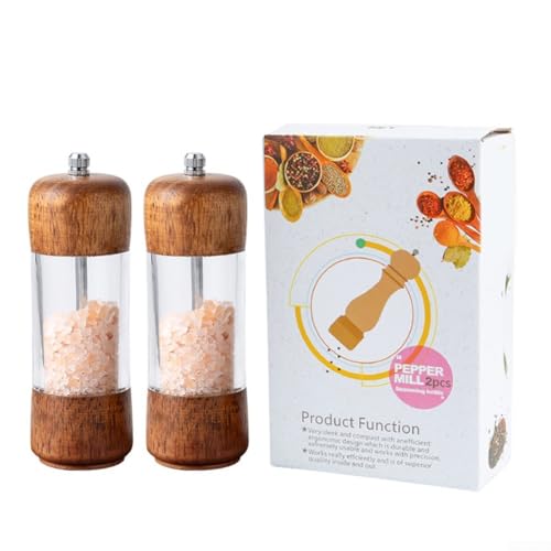 Manuelle Pfeffermühle mit Holzboden und transparentem Acryl-Behälter, einstellbare Mahlgrobheit für Salz, Pfeffer und andere Gewürze (15,2 cm zweiteiliges Set) von MeevrgR