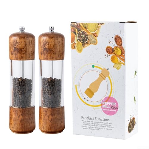 Manuelle Pfeffermühle mit transparentem Acrylkörper und Holzsockel, einstellbare Grobheit für Salz und Pfeffer, Metallkomponenten für den täglichen Gebrauch (20,3 cm zweiteiliges Set) von MeevrgR