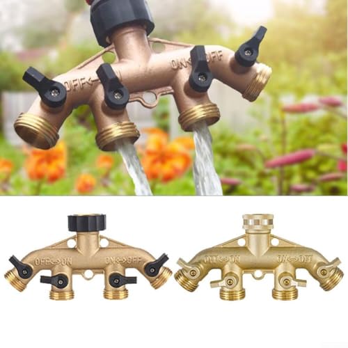 MeevrgR Gartenschlauch-Verteiler, 4-Wege, robuster Messing-Wasserzapfen-Verteiler mit hohem Durchfluss-Ventil und Metallhebelgriff, für Rasenbewässerung, Autowäsche, Outdoor-Wasserhahn-Anschlüsse von MeevrgR