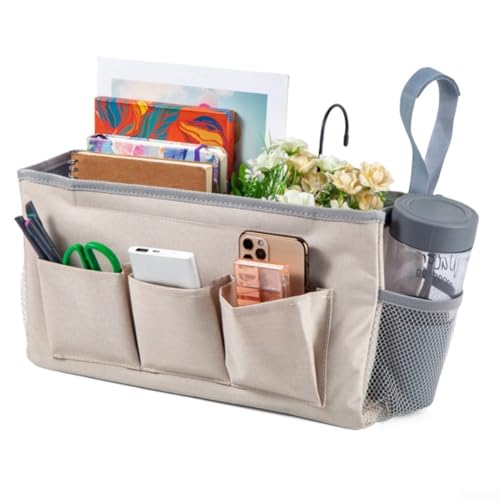 Nachttisch-Organizer zum Aufhängen mit 3 Taschen und verstellbarem Riemen und Metallhaken, entworfen, um Bücher, Handys und Snacks in Reichweite zu halten (Meter weiß) von MeevrgR