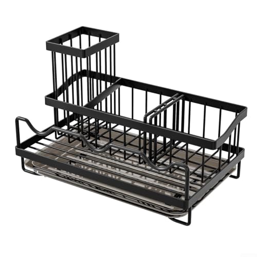 Spülbecken-Schwammhalter mit integriertem Seifenspender und Pinsel-Organizer, mit Abflussgestell und mehreren Fächern für organisierte Küchenaufbewahrung (schwarz) von MeevrgR