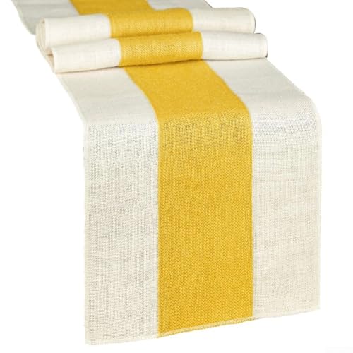 Tischläufer aus natürlichem Sackleinen, geeignet für Hochzeitstische und Partys, hergestellt aus Stoff, der rustikale oder Vintage-Dekor-Themen verschönert (gelb und weiß) von MeevrgR