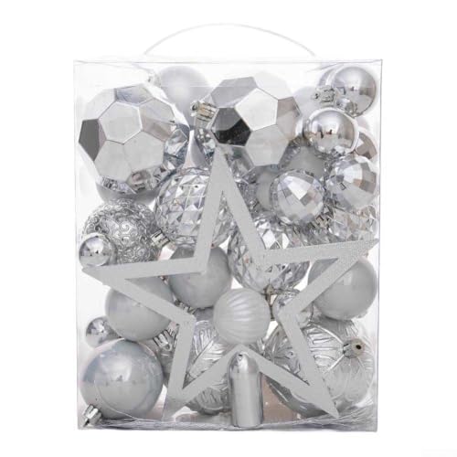Weihnachtskugel-Ornament-Set mit 50 galvanisierten Teilen und Baumspitzenstern zum Dekorieren von Haus, Kränzen und Girlanden (Silber) von MeevrgR