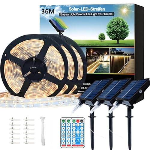 Meewata 36 m insgesamt (3 x 12 m) – 3 Stück Solar-Lichterkette für den Außenbereich, wasserdicht, dimmbar, Gartenleuchten mit Fernbedienung und 8 Modi, schneidbare LED-Lichtstreifen für Terrasse von Meewata