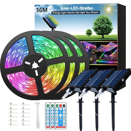 Meewata 36 m insgesamt (3 x 12 m) – 3 Stück Solar-Streifen, wasserdicht, mehrfarbig, dimmbar, Gartenleuchten mit Fernbedienung und 8 Modi, schneidbare LED-Streifen für Terrasse, Balkon von Meewata