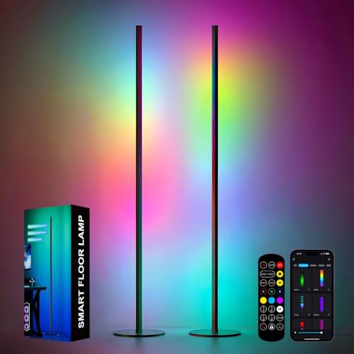 Meewata LED Stehlampe Wohnzimmer, 2 Stück Aufgewertete Ecklampe RGB Dimmbar mit Fernbedienung und APP, 16 Millionen Farben, Musikmodi, DIY-Modus & Timing-Funktion für Schlafzimmer, Spielzimmer, Büro von Meewata