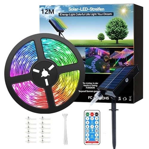 Meewata Solar-Lichterkette für den Außenbereich, wasserdicht, mehrfarbig, dimmbar, Gartenleuchten mit Fernbedienung und dynamischen 8 Modi, schneidbare LED-Streifen für Terrasse, Balkon von Meewata
