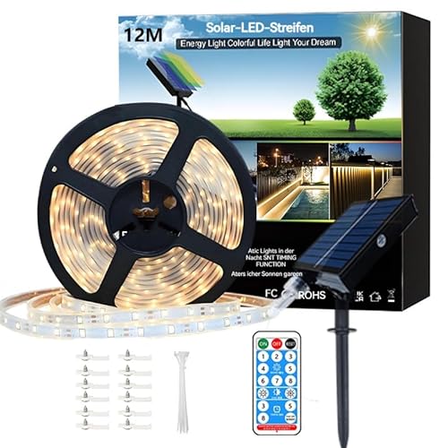Meewata 12M Solar Strip Lights Outdoor Wasserdicht Dimmbar Gartenleuchten mit Fernbedienung & 8 Modi Schneidbar LED Lichtstreifen für Terrasse, Balkon, Terrassendielen Dekor Warmweiß von Meewata