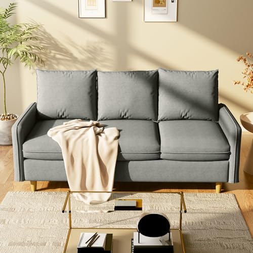 Meeyar 3-Sitzer Sofa, 221 cm Kleines Sofa mit Massivholzbeinen und Seitentaschen, Abnehmbare Bezüge, Kurzplüschstoff Sofa für Wohnzimmer, Schlafzimmer, Büro, Wohnung, Hellgrau von Meeyar