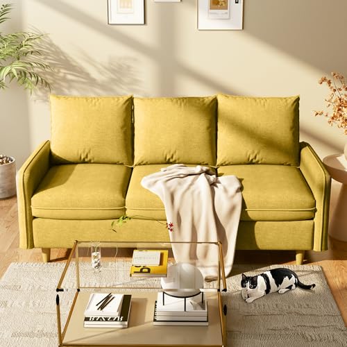Meeyar Couch 3 Seater,221cm Small Sofa with Solid Wood Leg and Side Pockets,Short Plush Fabric Couch for Living Room/Bedroom/Office/Apartment,Yellow Meeyar Couch 3 Seater,221cm Small Sofa with Solid Wood Leg and Side Pockets,Short Plush Fabric Couch for Living Room/Bedroom/Office/Apartment,Yellow von Meeyar