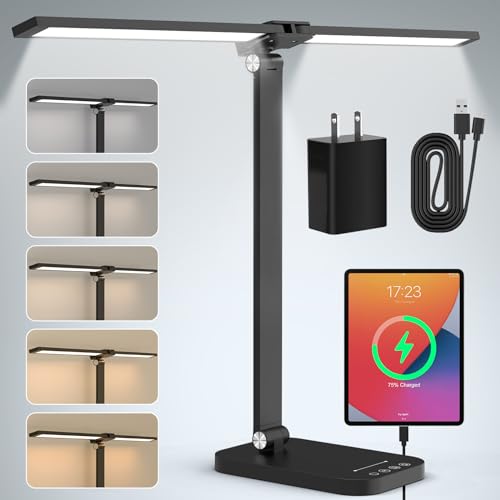 Schreibtischlampe LED Dimmbar, Mefine Doppelkopf Schreibtisch Lampe 12W mit Netzstecker, Schreibtischleuchte Schwarz 5 Farbtemperatur und 10 Helligkeitsstufen Augenschutz Bürolampe für Studieren Lesen von Mefine