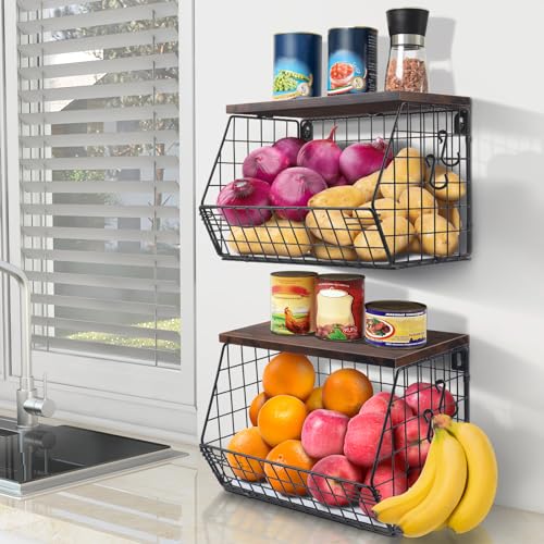 Mefirt Obstkorb Hängend 2 Etagere Obstkorb, Obstschale Hängekorb Küche, 2 Stück Küchenorganizer Mit Holzdeckel Drahtkorb Stapelbar & Wandmontierbar Zur Aufbewahrung Von Gemüse, Obst Und Snacks von Mefirt