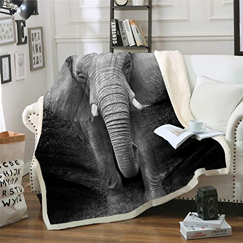 MegOK Elefant Sherpa Decke 3D Gedruckt Tier Tagesdecke Fotografie Schwarz und Weiß Plüschdecke, 150 cm x 200 cm von MegOK