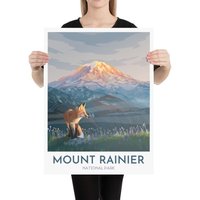 Mount Rainier Nationalpark Druck | Mit Fuchs Und Wildblumen Tolmie Peak Lookout Wanderung Washington State Vintage Reise Kunst von MegSkibaArt