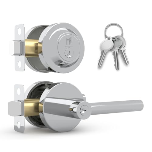Mega Handles Ronn Entrance Combo, Türgriff und Einzylinder-Riegelschloss und Schlüssel-Set, robustes, rundes Verriegelungs-Türhebel-Set für Links- oder Rechtshänder-Türen, poliertes Chrom von Mega Handles