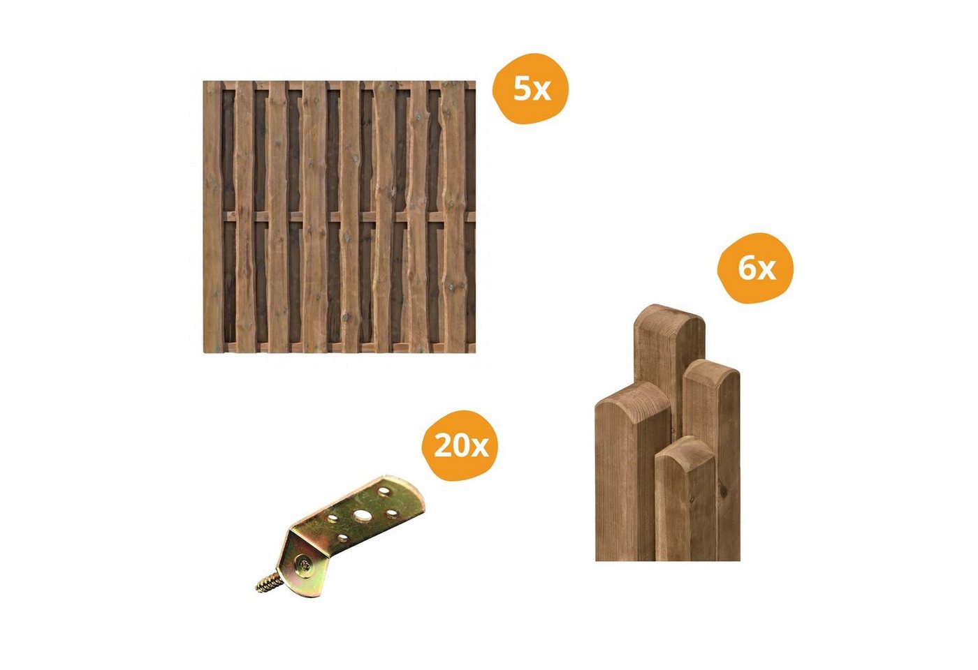 Mega-Holz Sichtschutzelement Bohlenzaun Set NATURA Braun - 5 Zäune, 6 Pfosten, 20 Flechtzaunhalter, (Sparset, 31-St) von Mega-Holz