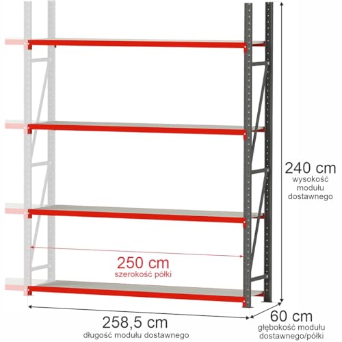 Mega-M Fortis Lagerregal: Stabiles Anbaumodul aus pulverbeschichtetem Stahl. Es trägt 250 kg pro Boden und ist einfach zu montieren. von Mega-M