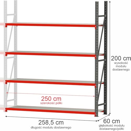 Mega-M Fortis Lagerregal: Stabiles Erweiterungsmodul aus pulverbeschichtetem Stahl. Es trägt 250 kg pro Boden und ist einfach zu montieren. von Mega-M