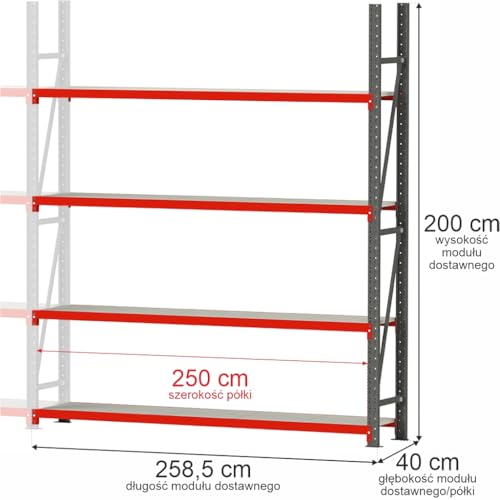 Mega-M Fortis Lagerregal: Stabiles Erweiterungsmodul aus pulverbeschichtetem Stahl. Es trägt 250 kg pro Boden und ist einfach zu montieren. von Mega-M