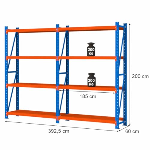 Mega-M Fortis Light Regal: Stabiles und modulares Regal aus pulverbeschichtetem Stahl. Es trägt 200 kg pro Boden und ist einfach zu montieren. von Mega-M
