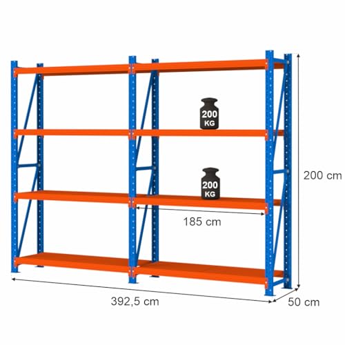 Mega-M Fortis Light Regal: Stabiles und modulares Regal aus pulverbeschichtetem Stahl. Es trägt 200 kg pro Boden und ist einfach zu montieren. von Mega-M