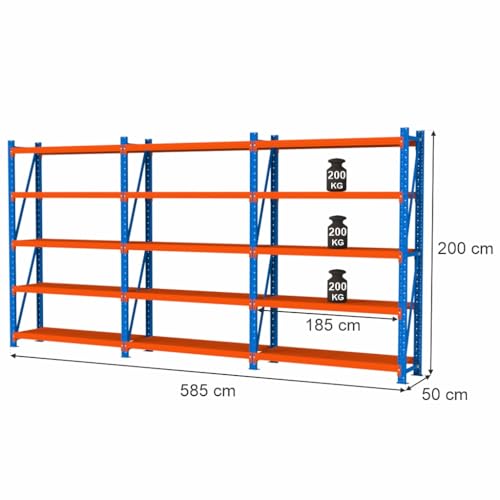 Mega-M Fortis Light Regal: Stabiles und modulares Regal aus pulverlackiertem Stahl. Es trägt 200 kg pro Boden und ist einfach zu montieren. von Mega-M