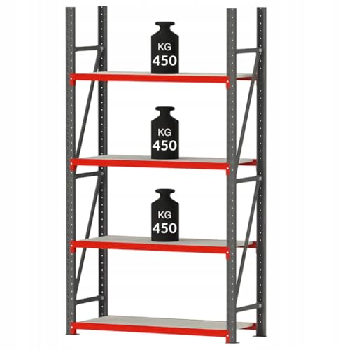 Mega-M Fortis Metallregal: Stabiles und erweiterbares Regal aus pulverlackiertem Stahl. Es hat eine Tragkraft von 450 kg pro Boden und ist einfach zu montieren. von Mega-M