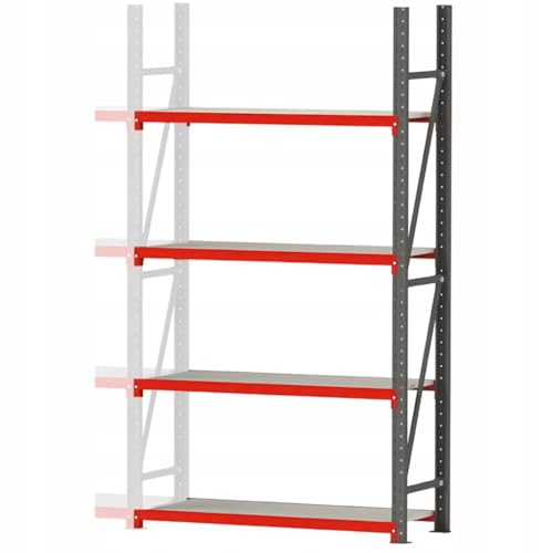 Mega-M Fortis Regal: Robustes Anbaumodul für Lagerregale aus pulverbeschichtetem Stahl. Es trägt 450 kg pro Boden und ist einfach und werkzeuglos zu montieren. von Mega-M