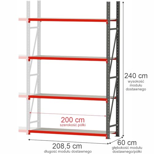 Mega-M Fortis Regal: Stabiles Anbauregal aus pulverbeschichtetem Stahl. Er trägt 350 kg pro Boden und ist einfach zu montieren. von Mega-M