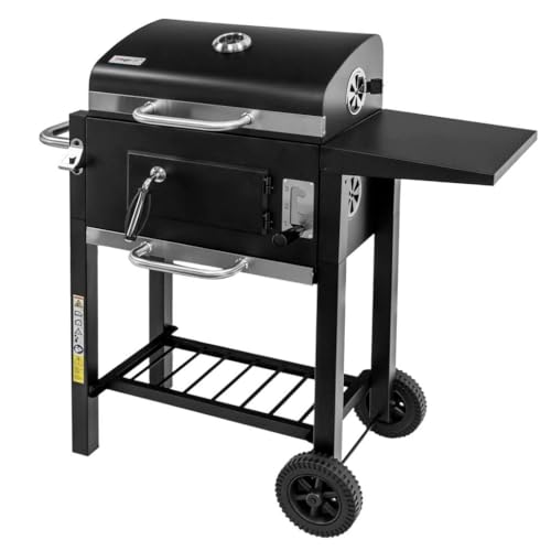 Mega-M Kohlegrillwagen: Robuster Grill aus pulverbeschichtetem Stahl mit praktischem Thermometer und Ascheauffangschublade. Er hat eine klappbare Feuerwanne. Mega-M Kohlegrillwagen: Robuster Grill aus pulverbeschichtetem Stahl mit praktischem Thermometer und Ascheauffangschublade. Er hat eine klappbare Feuerwanne. von Mega-M