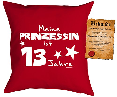 Geschenk für Kinder Kissen mit Füllung und Urkunde Meine Prinzessin ist 13 Jahre Kindergeburtstag für Mädls 13 jähriges Kind für Kids von Mega-Shirt