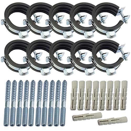 10 Stück Set Rohrschellen aus Stahl verzinkt Spannbereich 75-80 mm Rohr Außendurchmesser 2 1/2" Zoll mit Schallschutz Gummi Einlage + Dübel 10mm + Stockschrauben M8 Halterung Befestigung 10er Pack von MegaHaustechnik