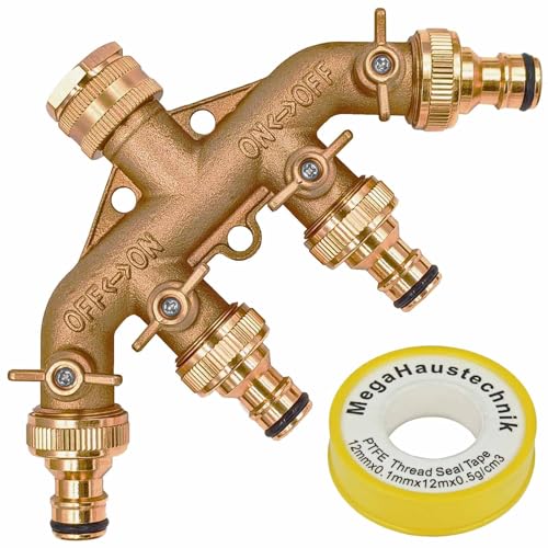 MegaHaustechnik 4 Wege Wasserhahn Wasser Verteiler Kugel Ventil aus Messing mit Hahn Anschluss 3/4" und 1/2" Rohr Zoll Innengewinde IG mit Dichtung + Dichtband und 4x Stecker passend für Gardena MegaHaustechnik 4 Wege Wasserhahn Wasser Verteiler Kugel Ventil aus Messing mit Hahn Anschluss 3/4" und 1/2" Rohr Zoll Innengewinde IG mit Dichtung + Dichtband und 4x Stecker passend für Gardena von MegaHaustechnik
