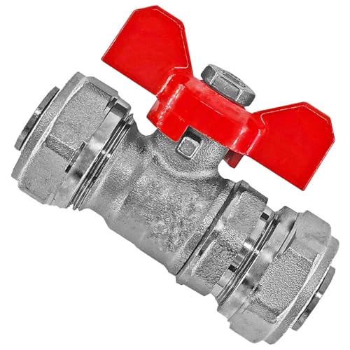 MegaHaustechnik Kugelhahn aus Messing mit Flügelgriff rot für 26,0 x 3,0 mm Rohr Außendurchmesser x Wandstärke Mehrschicht Aluminium Verbundrohr Schraub Fitting Anschluss Klemmring Verschraubung von MegaHaustechnik