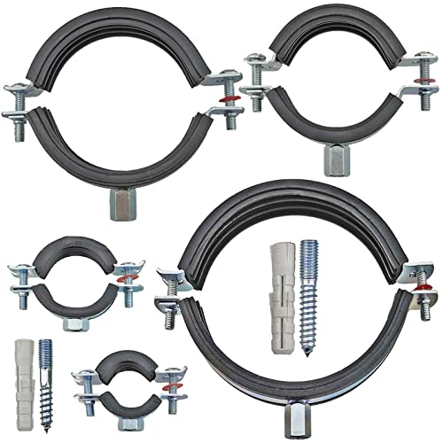 Qualitäts Rohrschellen mit Schallschutz | 12 - 168mm | mit passender Stockschraube und Dübel | Zweischrauben Gelenkrohrschelle | Wunschgröße auswählen >>> 1 1/2Zoll = 48-53mm Durchmesser | 10 Stück von MegaHaustechnik