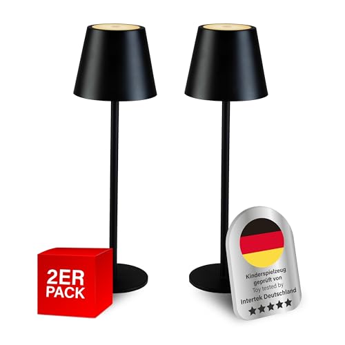MegaLight dimmbare Tischlampe kabellos schwarz (2 Stück) | 3000K warmweißes Licht + 1800K extra warmweißes Wohlfühllicht | zieht weniger Insekten an | IP54 & SPRITZWASSERGESCHÜTZT | Akku Tischleuchte von MegaLight