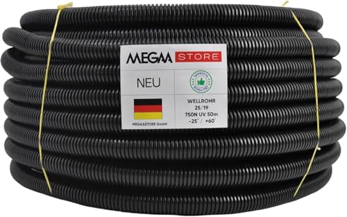 Megastore Flexibles Leerrohr Wellrohr mit Zugdraht 750N Schwarz | Klassifizierung M16 M20 M25 M32 M40 M50 Kabelschutz Schutz Rohr ungeschlitzt Außenbereich (M16-25m mit Zugdraht) von Megaa store