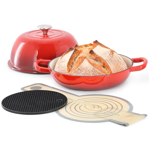 MegaChef 6 Quart emaillierter Gusseisen-Brottopf in Rot mit Backmatte, Dutch Oven, Brotofen für selbstgemachtes Brot (Rot) von Megachef