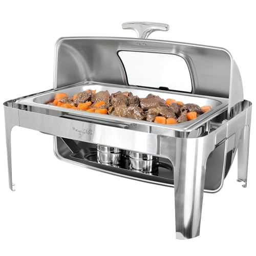 MegaChef Professioneller Küchenwärmer / Buffet-Serviertabletts aus Edelstahl, rechteckig, mit Rolldeckel, 9,5 l (9,5 l mit Fenster) von Megachef