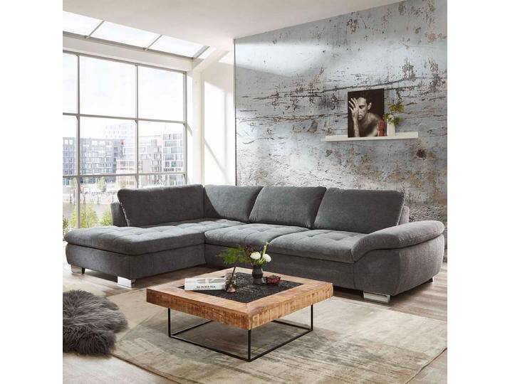 Megapol Ecksofa MP-IN14007 in grauem Chenillegewebe auf wählbaren Füßen mit bequemer Schaumpolsterung von Megapol