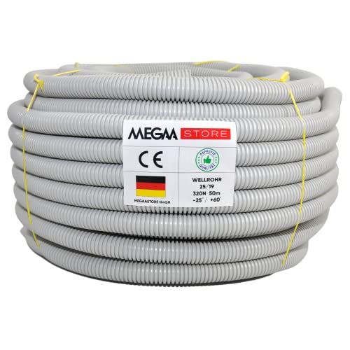 Megaastore Flexibles Leerrohr Wellrohr 320N Grau | Klassifizierung M16 M20 M25 M32 M40 M50 Kabelschutz Schutz Rohr ungeschlitzt Außenbereich (Ø25 mm innen/Ø 32 mm außen / 50m) von Boppon
