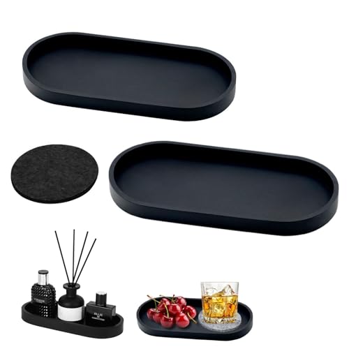 Badezimmer Tablett, 2 Stück Deko Tablett, Schwarz Silikon Ablageschale Mit Untersetzer, Dekotablett Tablett Klein für Waschtisch Badewanne Küchenspüle und Toilette (Oval) von Megcdtr