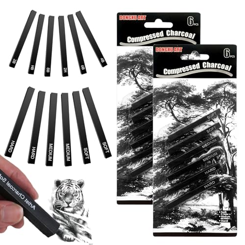 Megcdtr Gepresste Zeichenkohle, 12 Teiliges Sketch Kohlestifte, Kohlestifte Set Geeignet zum Zeichnen Skizzieren Schreiben Kunstdesign(Schwarz) von Megcdtr